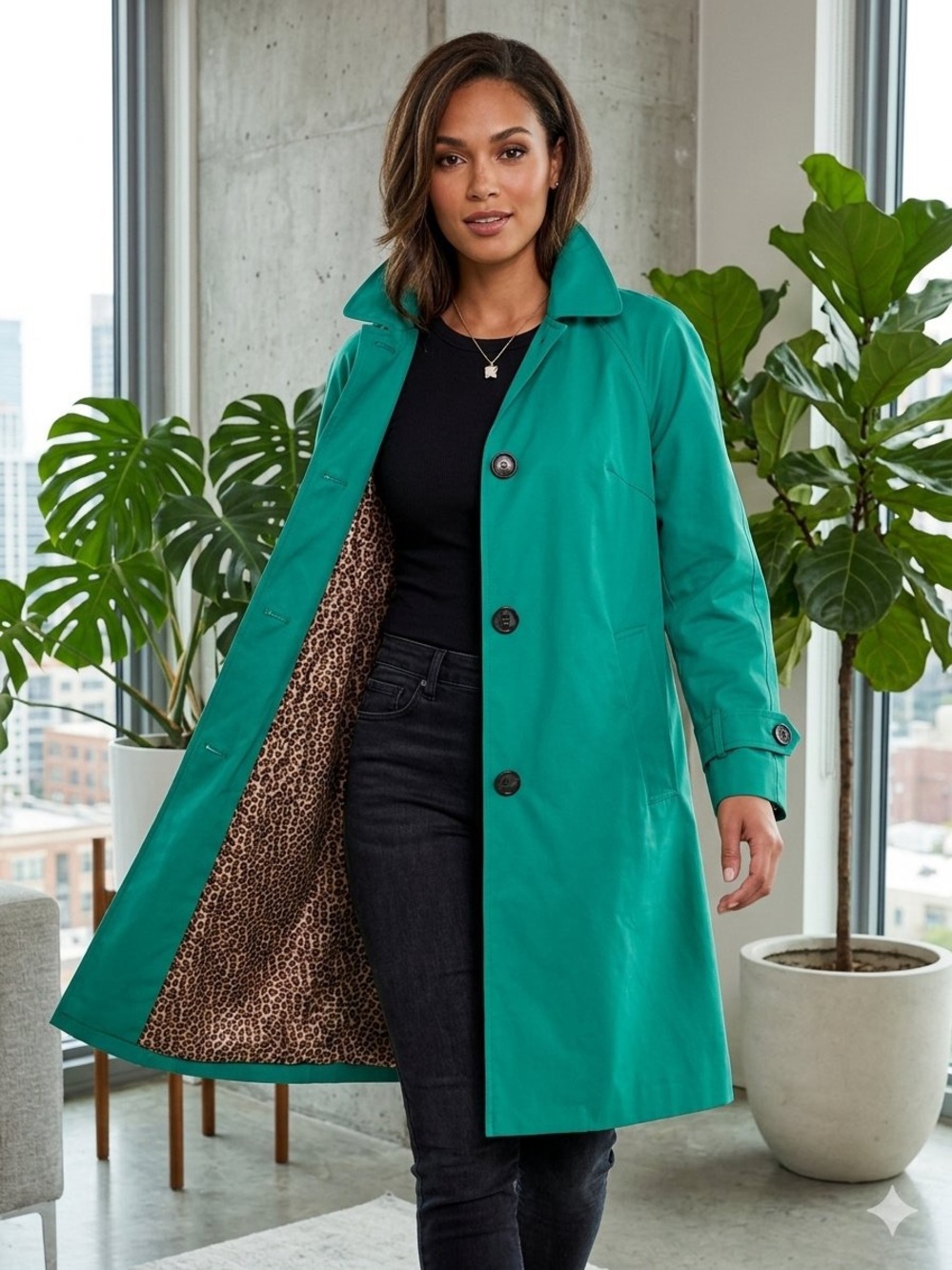Dennis by Dennis Basso Teal Raincoat Size S Leopard Lined Trench Jacket NWT